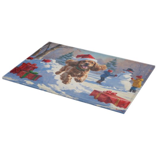 コッカー走スパニエル犬の雪のクリスマスハット カッティングボード (角)