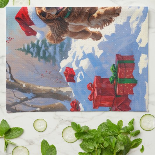 コッカー走スパニエル犬の雪のクリスマスハット キッチンタオル (折り畳み)