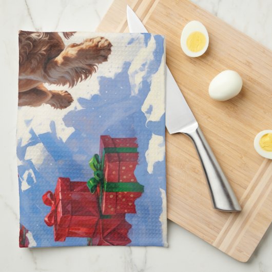 コッカー走スパニエル犬の雪のクリスマスハット キッチンタオル (四つ折り)