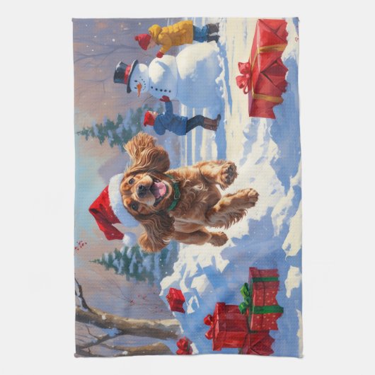 コッカー走スパニエル犬の雪のクリスマスハット キッチンタオル (縦)