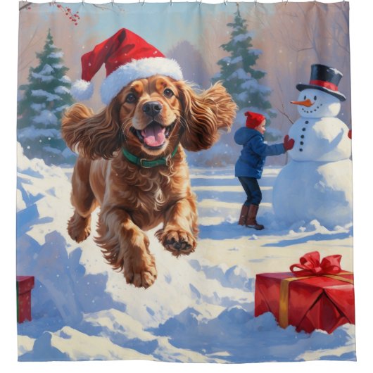 コッカー走スパニエル犬の雪のクリスマスハット シャワーカーテン (正面)