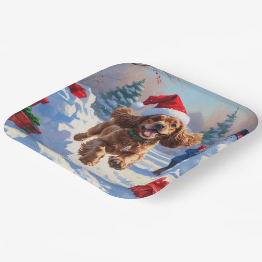 コッカー走スパニエル犬の雪のクリスマスハット ペーパープレート (傾斜あり)