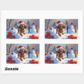 コッカー走スパニエル犬の雪のクリスマスハット 長方形シール (シート)