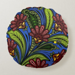 コックスコムと（昆虫）マルハナバチ鮮やかブルー，グリーン，バラ ラウンドクッション