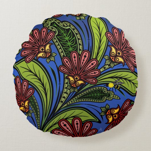 コックスコムと(昆虫)マルハナバチ鮮やかブルー,グリーン,バラ ラウンドクッション (正面)