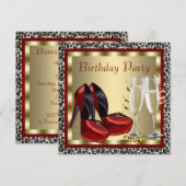 コックテイル レッド ハイヒール 靴 ヒョウ柄 誕生日 招待状 (正面/裏面)