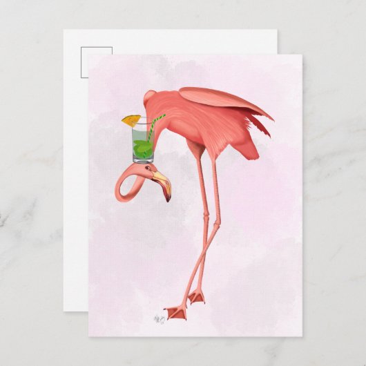 コックテールを持つフラミンゴ ポストカード (正面/裏面)