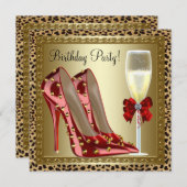 コックテール レッド ハイヒール 靴 ヒョウ柄 誕生日 招待状 (正面/裏面)