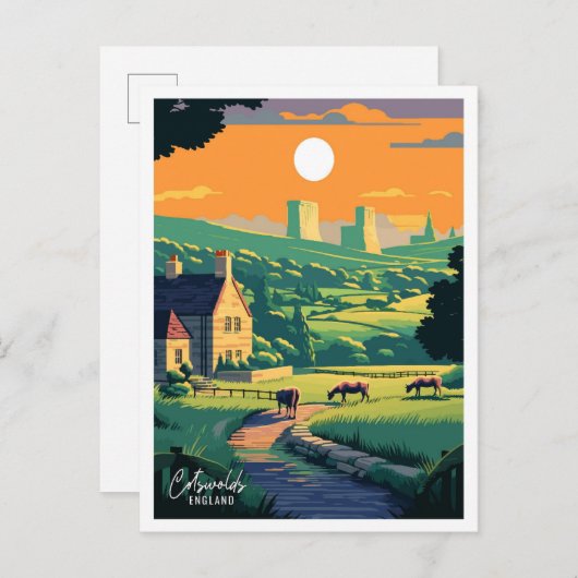 コッツウォルズイングランドアートヴィンテージトラベルイラストレーション ポストカード (正面/裏面)