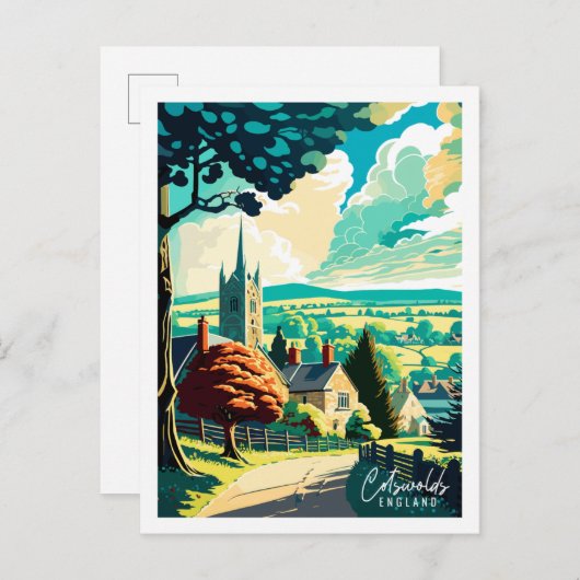 コッツウォルズイングランドヴィンテージ旅行イラストレーション ポストカード (正面/裏面)