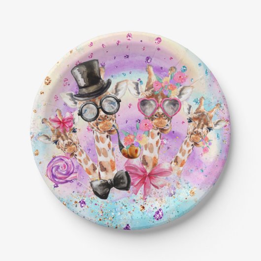コットンおもしろいキャンディ雲の中のファンタジーのジラフィ ペーパープレート (正面)