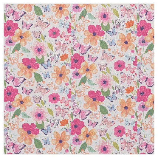 コットンのトイル生地、花と蝶 ファブリック (見本)