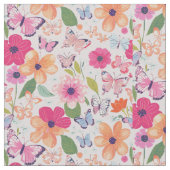 コットンのトイル生地、花と蝶 ファブリック (クローズアップ)