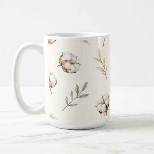 コットンの花のボタニカルパターン コーヒーマグカップ (左)