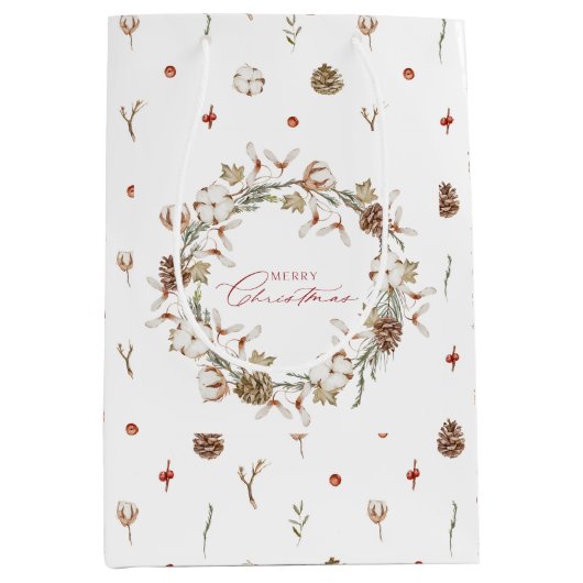 コットンエレガントとピネコーンクリスマスリース ミディアムペーパーバッグ (正面)