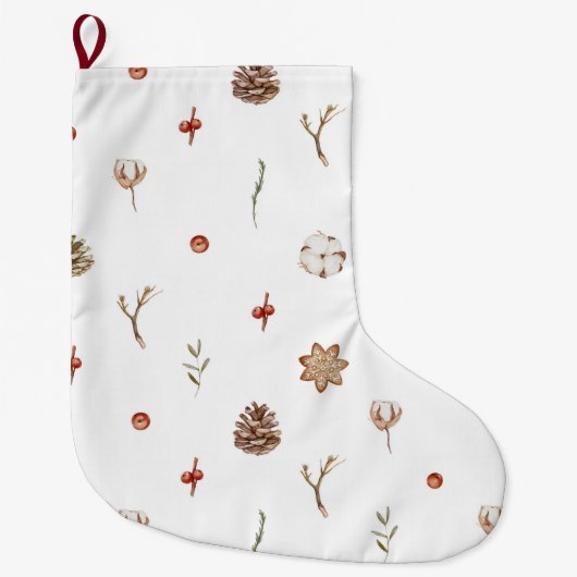 コットンエレガントとピネコーンクリスマスリース ラージクリスマスストッキング (正面)