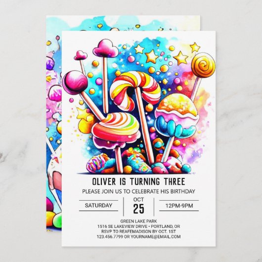 コットンエレガントキャンディ誕生日 招待状 (正面/裏面)