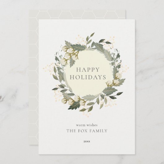 コットンガーデンリースウィンターホワイトホリデーカード 招待状 (正面/裏面)
