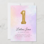 コットンキャンディウォーターカラーガールズ誕生日バルーン 招待状 (正面)