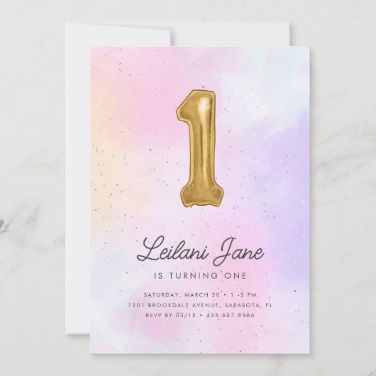 コットンキャンディウォーターカラーガールズ誕生日バルーン 招待状 (正面)