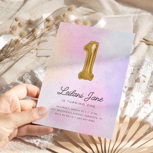 コットンキャンディウォーターカラーガールズ誕生日バルーン 招待状