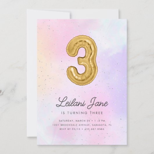 コットンキャンディウォーターカラーガールズ3rdバースデーバルーン 招待状 (正面)