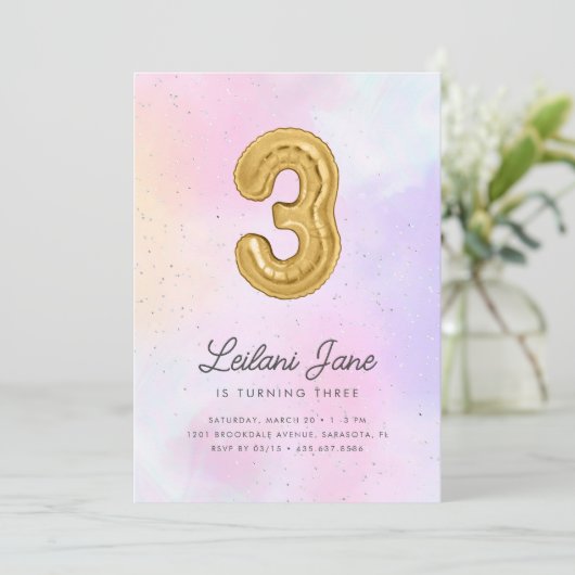 コットンキャンディウォーターカラーガールズ3rdバースデーバルーン 招待状 (スタンド正面)