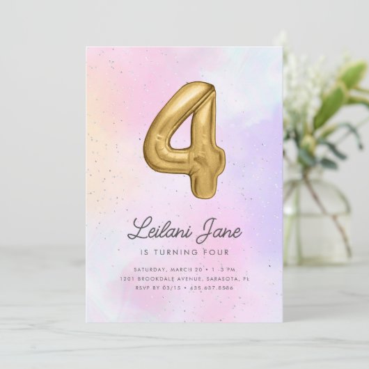 コットンキャンディウォーターカラーガールズ4thバースデーバルーン 招待状 (スタンド正面)