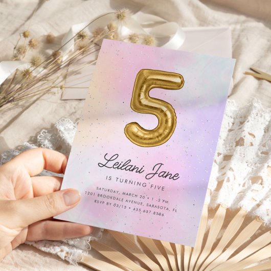 コットンキャンディウォーターカラーガールズ5th誕生日バルーン 招待状