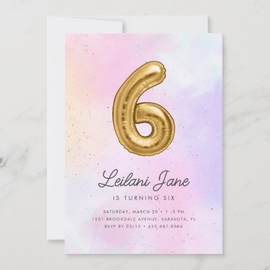 コットンキャンディウォーターカラーガールズ6th誕生日バルーン 招待状 (正面)