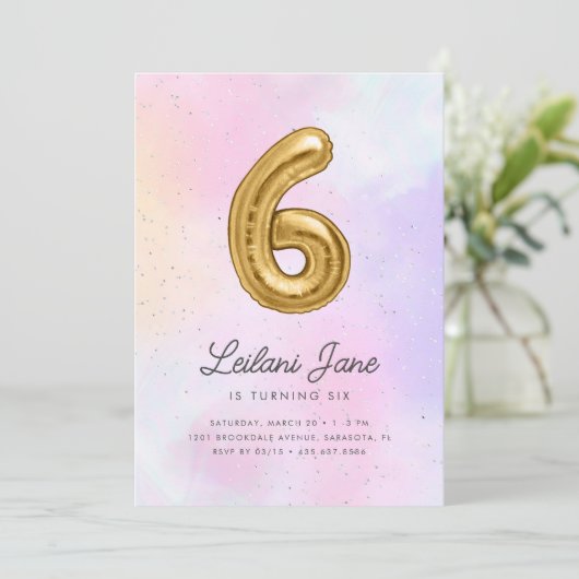 コットンキャンディウォーターカラーガールズ6th誕生日バルーン 招待状 (スタンド正面)