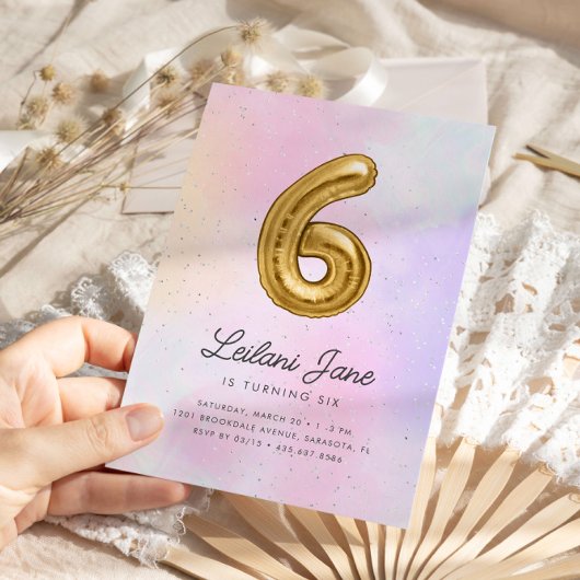 コットンキャンディウォーターカラーガールズ6th誕生日バルーン 招待状