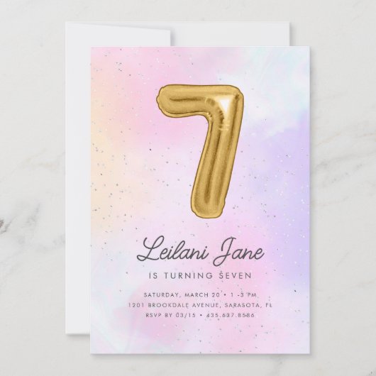 コットンキャンディウォーターカラーガールズ7誕生日バルーン 招待状 (正面)