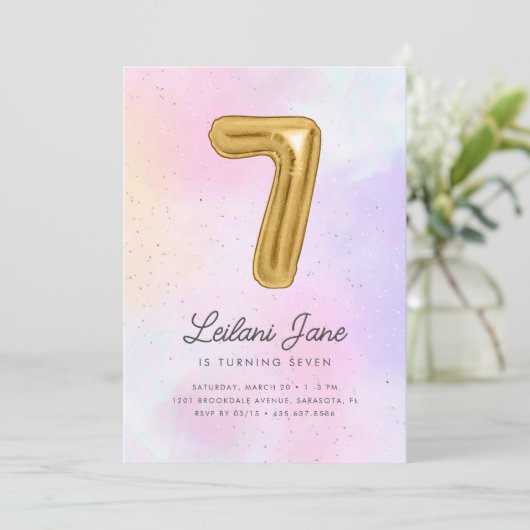 コットンキャンディウォーターカラーガールズ7誕生日バルーン 招待状 (スタンド正面)