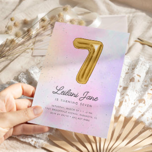 コットンキャンディウォーターカラーガールズ7誕生日バルーン 招待状