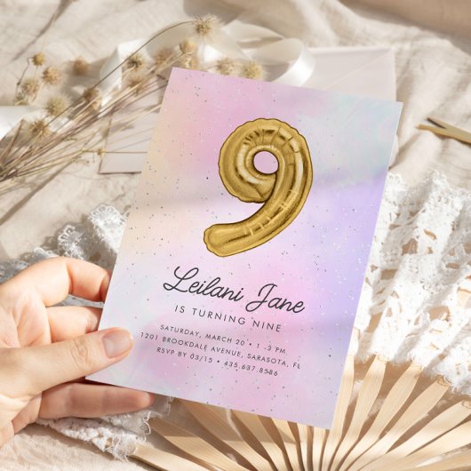 コットンキャンディウォーターカラーガールズ9th誕生日バルーン 招待状