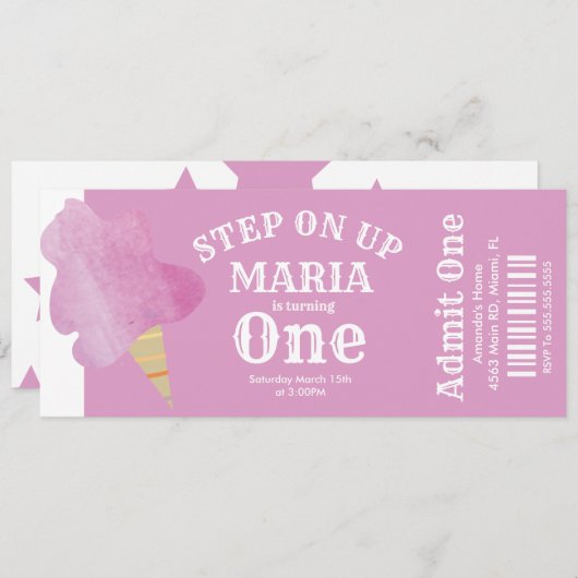 コットンキャンディサーカステント誕生日チケットパーティー 招待状 (正面/裏面)