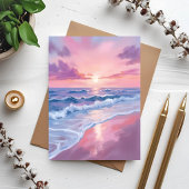 コットンキャンディビーチ ピンクの海の波の絵画カード