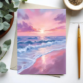 コットンキャンディビーチ ピンクの海の波の絵画カード