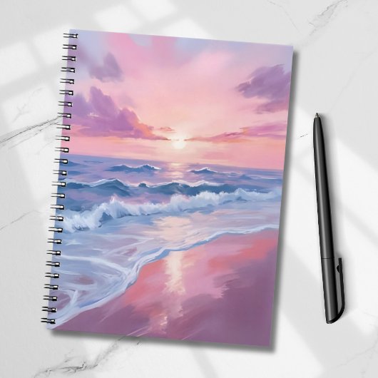 コットンキャンディビーチ | ピンクの海の波の絵画 ノートブック