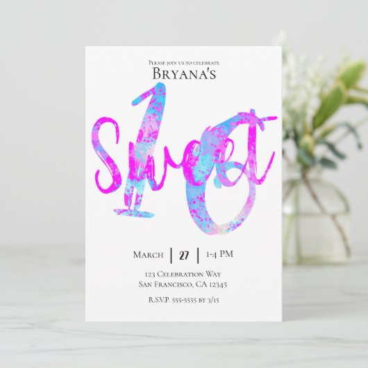 コットンキャンディピンクブルースウィート16誕生日パーティー 招待状 (スタンド正面)