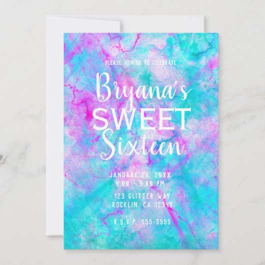 コットンキャンディピンク&ブルーウォーターカラースウィート16パーティー 招待状 (正面)