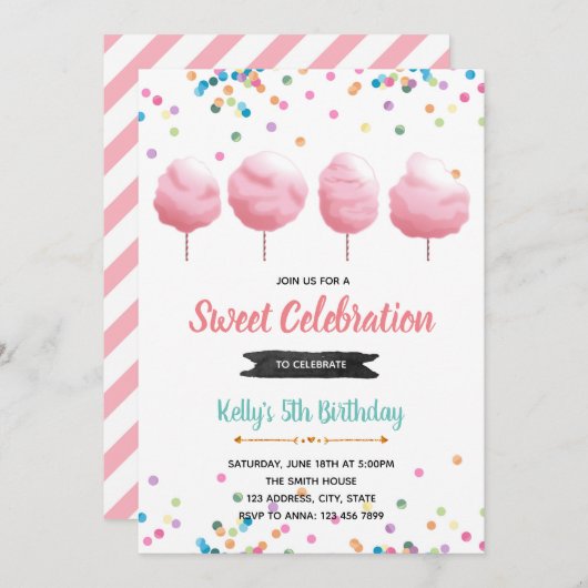 コットンキャンディーの誕生日パーティーの招待 招待状 (正面/裏面)