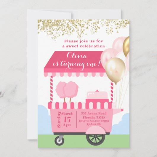 コットンキャンディースイーツお祝い誕生日 招待状 (正面)