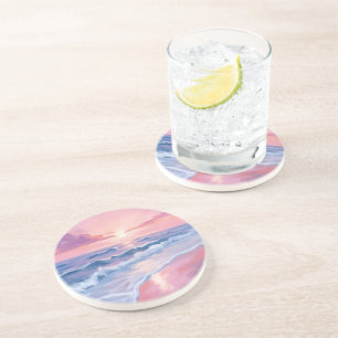 コットンキャンディービーチ ピンクの海の波の絵画 コースター