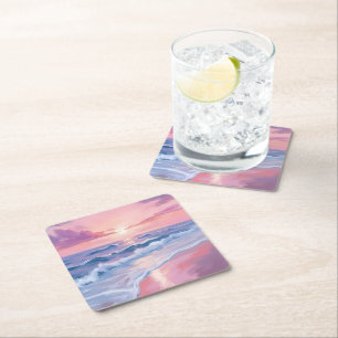 コットンキャンディービーチ ピンクの海の波の絵画 スクエアペーパーコースター