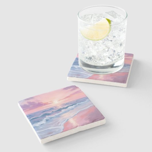 コットンキャンディービーチ | ピンクの海の波の絵画 ストーンコースター (横)