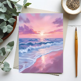 コットンキャンディービーチ | ピンクの海の波の絵画 ポストカード