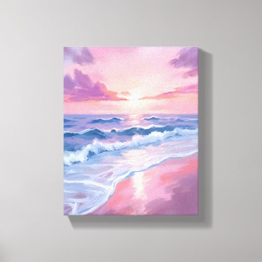 コットンキャンディービーチ | ピンクの海洋波の絵画 キャンバスプリント (正面)