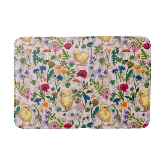 コットンキャンディーピンクにニワトリとワイルドフラワー バスマット (正面)